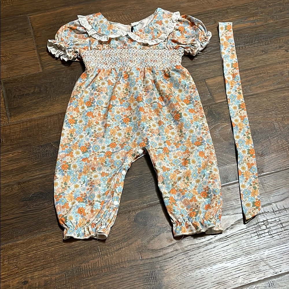 SHEIN Orange and Blue Jumpsuit with Vintage Floral Design